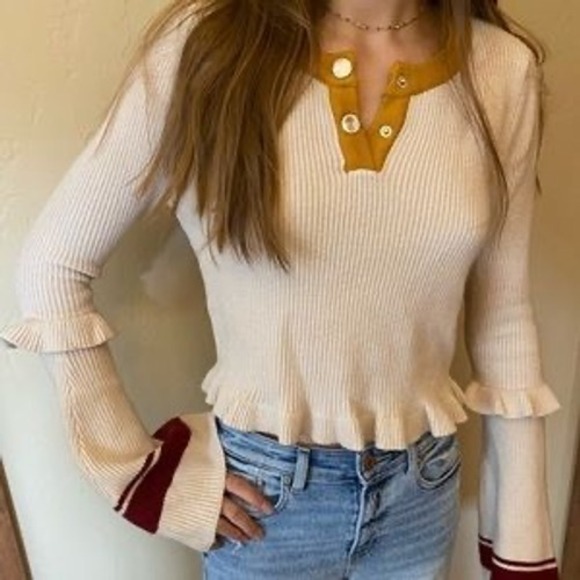 For Love & Lemons Knit Top Medium Ruffle Sleeve Button Accent Ribbed - Picture 1 of 5